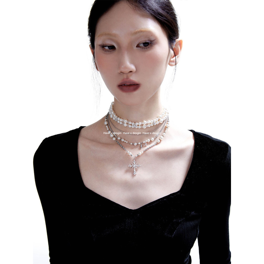 Have u desgin Broken Urban Vòng cổ ngọc trai chéo bạc xếp chồng lên nhau nguyên bản