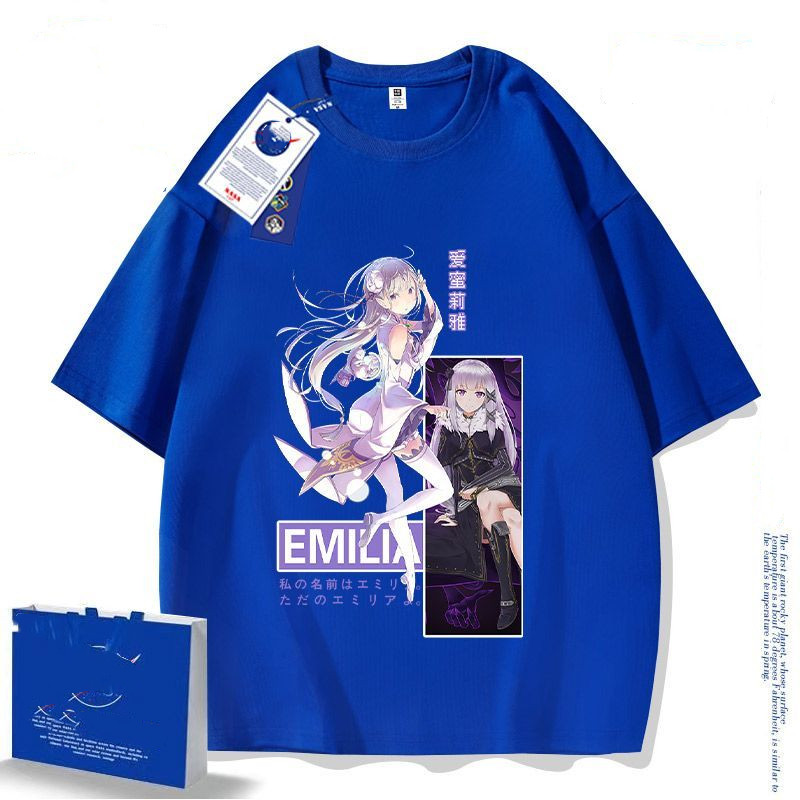 Áo thun phong cách mới Tay ngắn Re: Zero Emilia Anime Cotton nguyên chất Phong cách mới Áo thun ngắn tay Cuộc sống ở một thế giới khác Từ Zero