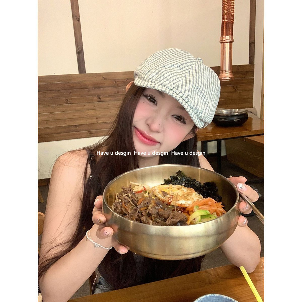 Have u desgin Thêu Chữ Checkered Phía Trước Mũ Thể Hiện Mặt Nhỏ Họa Sĩ Mũ Mỏng Phong Cách Thoáng Khí Văn Học Phù Hợp Với Mũ Nồi Nữ