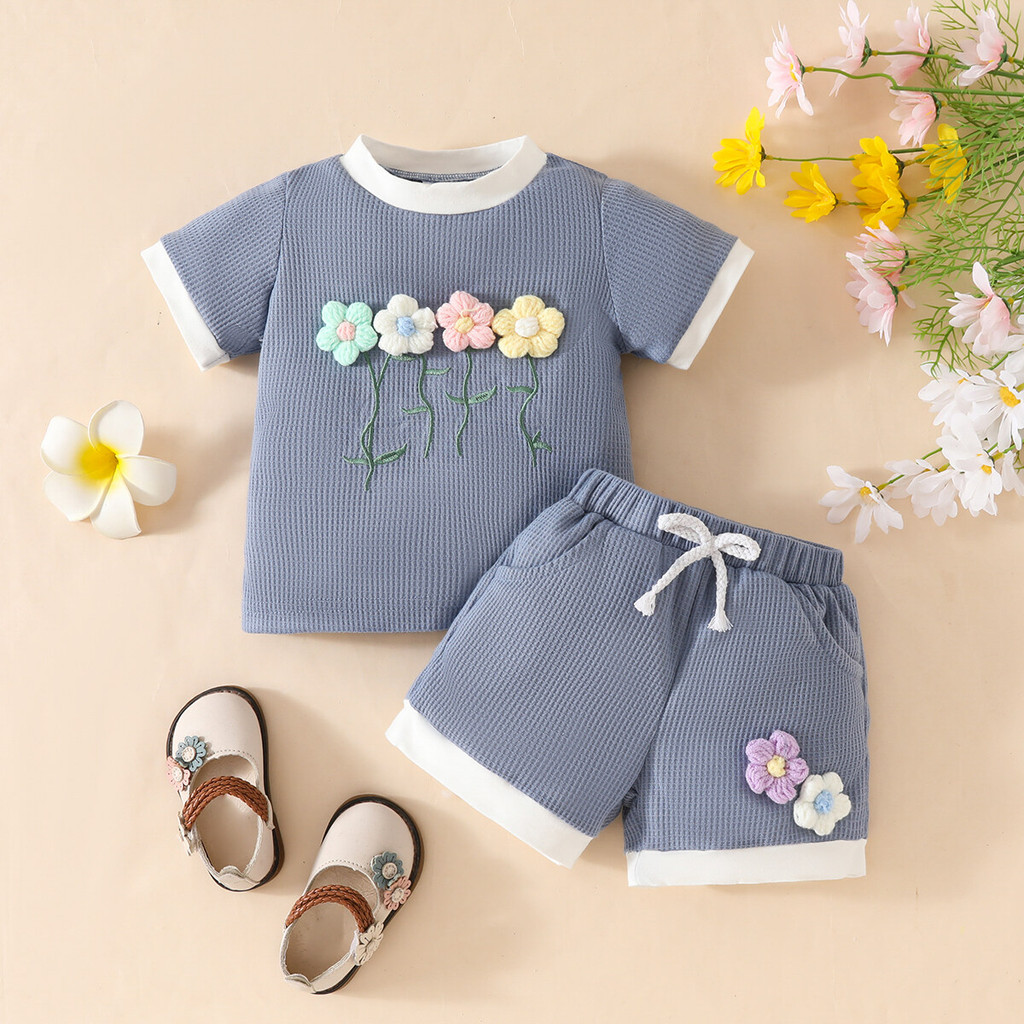 Mô tả Bộ dành cho trẻ sơ sinh & trẻ mới biết đi 0-4 tuổi Áo sơ mi ngắn tay cổ tròn in họa tiết in hoa và ren màu trơn được ghép nối với quần Short màu trơn Bộ kỳ nghỉ - 3
