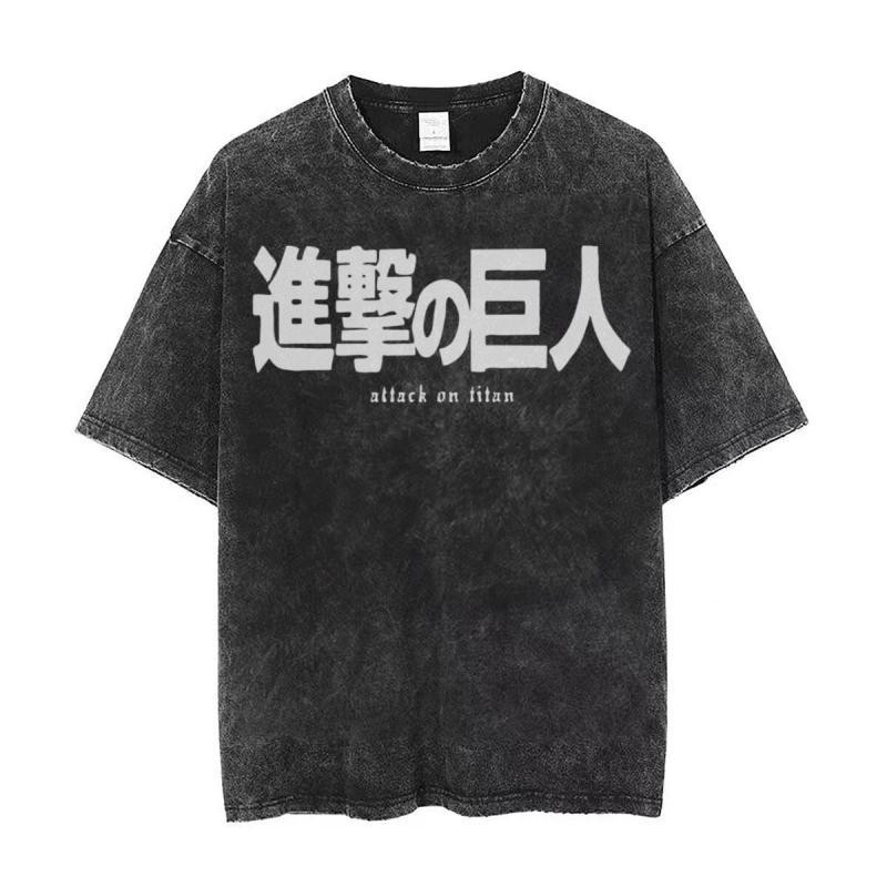 Phong Cách Mới Áo Thun Tay Ngắn Tấn Công Titan Levi Eren Retro Rửa Đau Khổ In Hình Áo Thun Ngắn Tay Top Street Unisex Tấn Công Titan Mikasa Armin Arlert