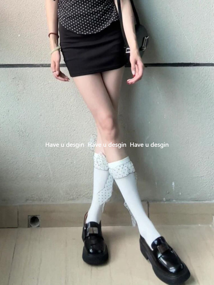 Have u desgin Sữa Trắng Chấm Bi Ruy Băng Bê Tất Mỏng Phong Cách Playful Ngọt Ngào Nữ Tính Nhung Nơ Streamer Vớ