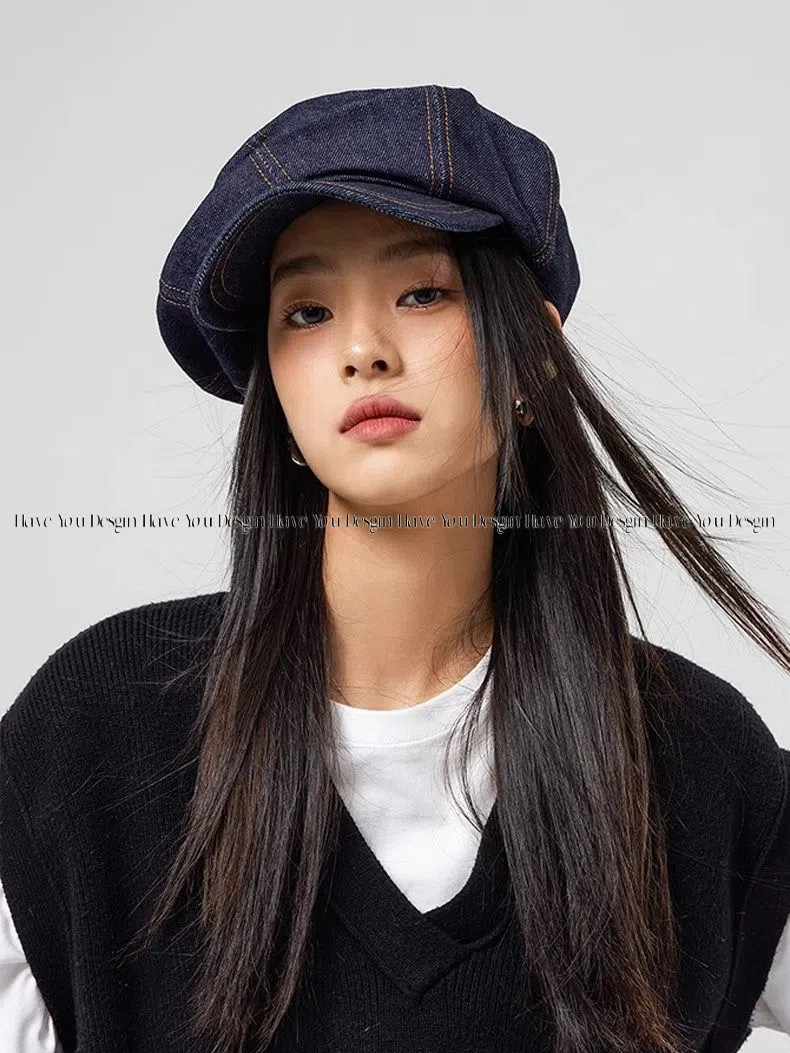 Have u desgin Cowboy Beret Nữ Mặt Mũ Nhỏ 2024 Xuân Hè Nguyên Chất Cotton Retro Hình Bát Giác Mũ Đầu Lớn Chu Vi Đám Mây Mũ Họa Sĩ Mũ
