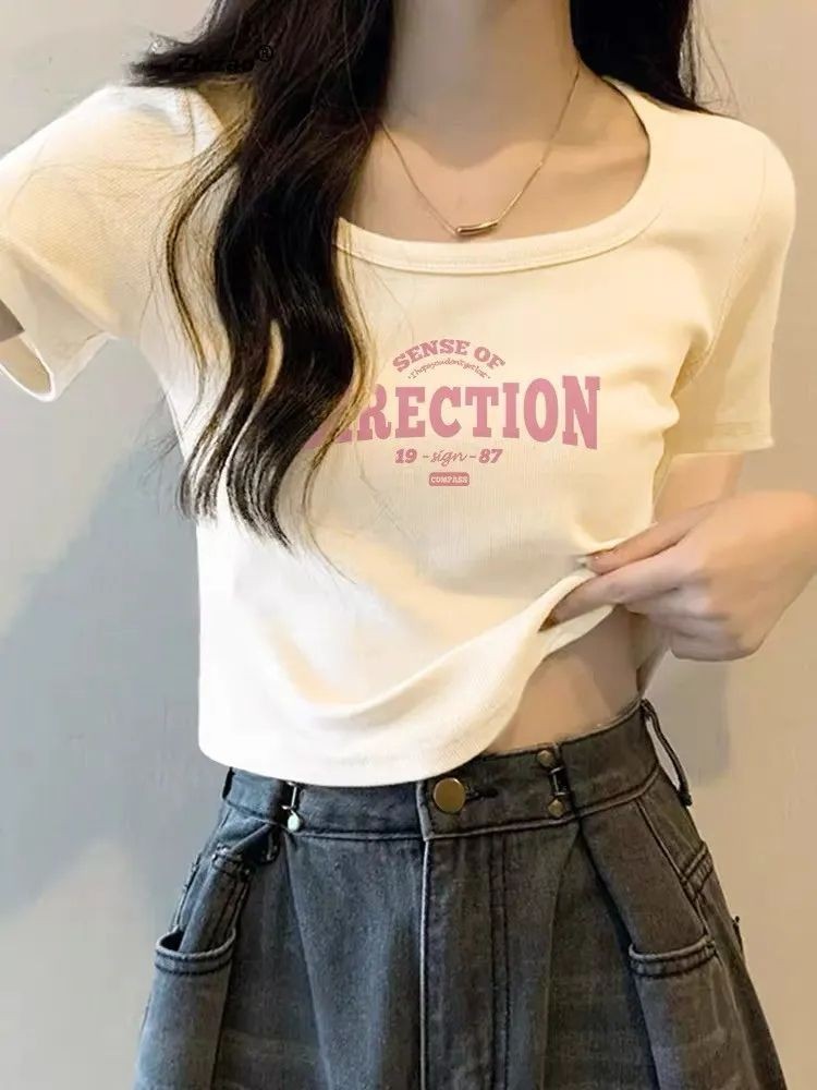 Lan ~ Áo thun ngắn tay cổ vuông dành cho nữ mùa hè Vai trước Slim-Fit Ngắn eo cao Niche Navel-Cropped Hot
