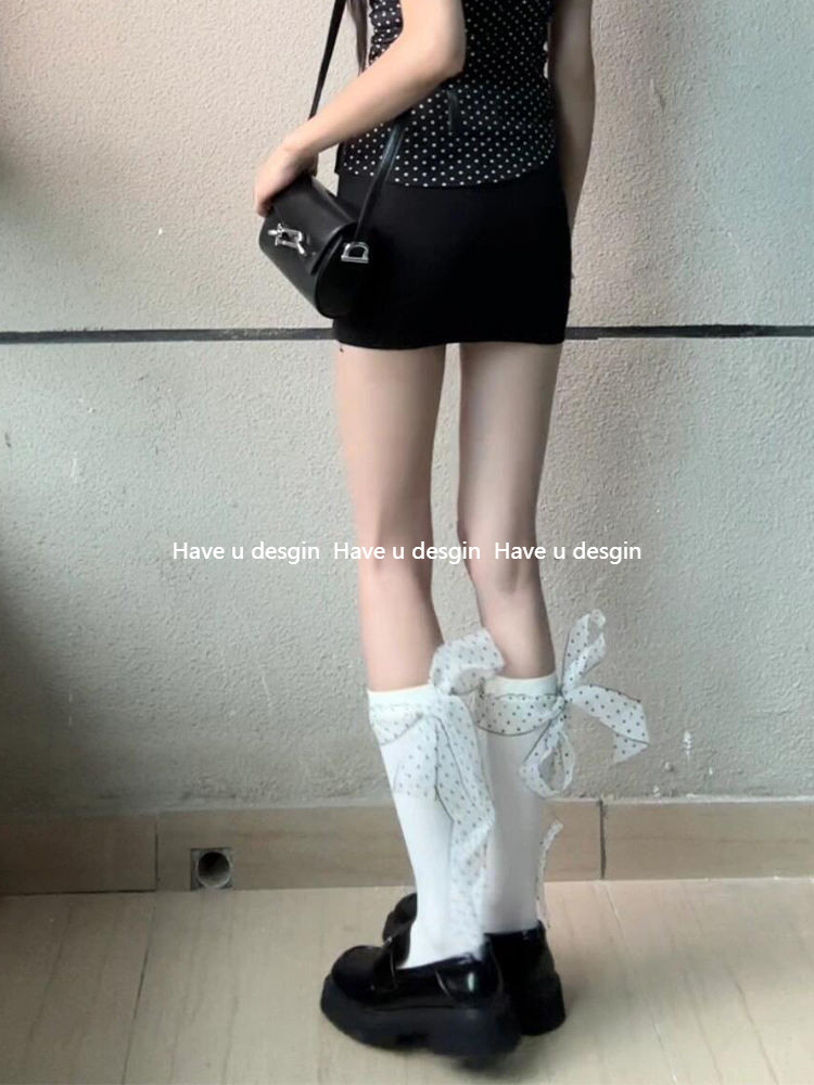 Have u desgin Sữa Trắng Chấm Bi Ruy Băng Bê Tất Mỏng Phong Cách Playful Ngọt Ngào Nữ Tính Nhung Nơ Streamer Vớ