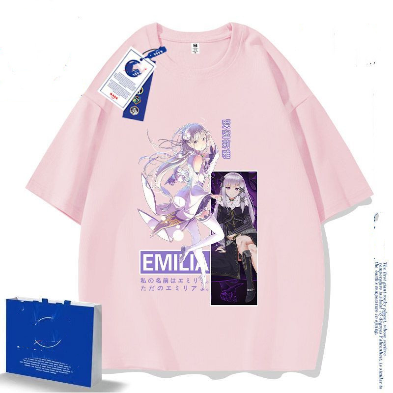 Áo thun phong cách mới Tay ngắn Re: Zero Emilia Anime Cotton nguyên chất Phong cách mới Áo thun ngắn tay Cuộc sống ở một thế giới khác Từ Zero
