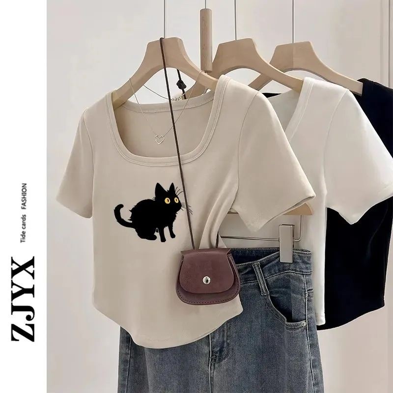 Lan ~ Phong Cách Pháp Vuông Vai Cổ Vuông Xương Đòn Áo Thun Nữ Thiết Kế Mùa Hè Slim-fit Tinh Khiết Desire Phong Cách ins Eo Ngắn Phong Cách Hot Girl Top