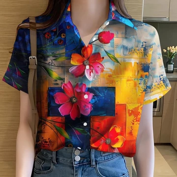 Áo Sơ Mi Hoa Nữ Quần Áo Cầu Vồng Áo Sơ Mi In Hình Áo Sơ Mi Graffiti Áo Sơ Mi Hawaii Tay Ngắn Áo Sơ Mi Oversize Áo Sơ Mi Nữ 01