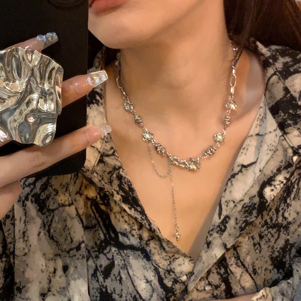 Mô tả 17km Vòng Cổ Bạc Nữ Đá mặt trăng Thanh Lịch Zircon Ngọc Trai Tua Rua Dây Xích Choker Cho Trang Sức Phụ Kiện - 3