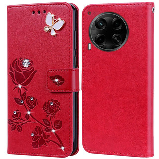Kim Cương Dập Nổi In Hoa Hồng Ốp Lưng Điện Thoại Tecno Camon 30 4G 5G Premier 5G CL9 CL7 CL6 Sách Da Full Silicone Cover