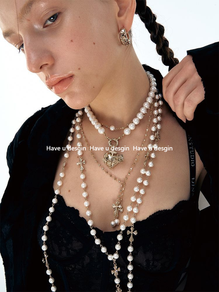 Have u desgin Love Pearl Cross Light Luxury Niche Dài Phù Hợp Với Dây Chuyền Áo Len