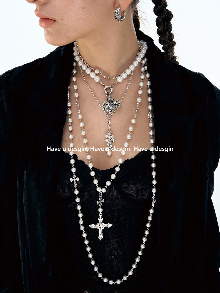 Have u desgin Love Pearl Cross Light Luxury Niche Dài Phù Hợp Với Dây Chuyền Áo Len