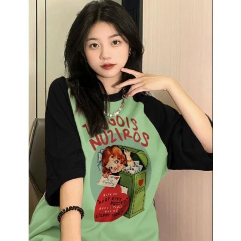 Lan ~ Phong Cách Mỹ Phong Cách Mới Nhỏ Quá Khổ Phong Cách Lười Raglan Tay Ngắn Áo Thun Nữ