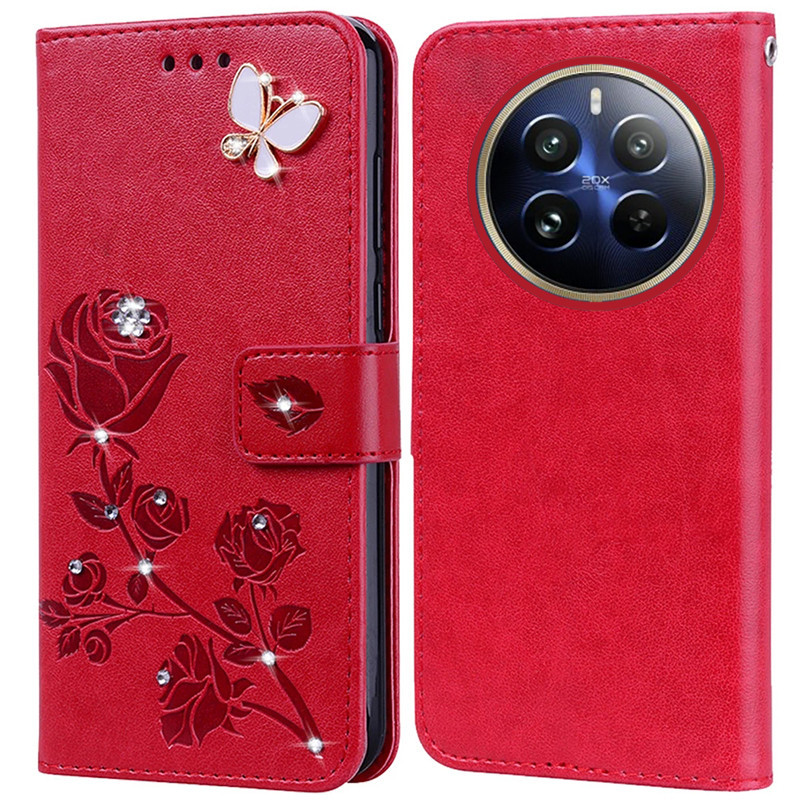 Ốp Điện Thoại Hoa Hồng In Hình Dập Nổi Kim Cương Cho OPPO Realme 12 12X Pro Plus 5G Realme 12 + 5G 12 Pro + Sách Da Full Silicone Cover