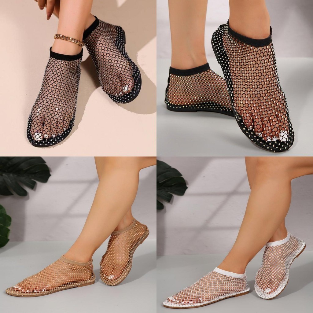 Dép Nữ Mùa Xuân Hè Ngoài Trời Flat Kim Cương Giả Lưới Câu Cá Thời Trang Đơn Giản