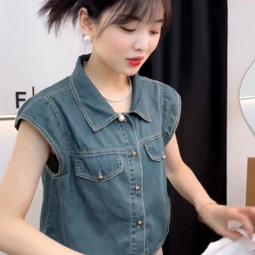 Lan ~ Phiên bản hàn quốc Retro Tính khí Áo ghi lê cổ polo Áo sơ mi Denim nữ mùa hè ngọt ngào Phong cách mát mẻ phù hợp cho mọi trận đấu Áo khoác ngắn Niche