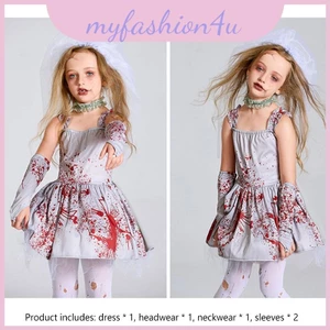 Trẻ Em Trang Phục Halloween Khủng khiếp Màu Xám Máu Ma Cô Dâu Đầm Ren Và Váy Tulle