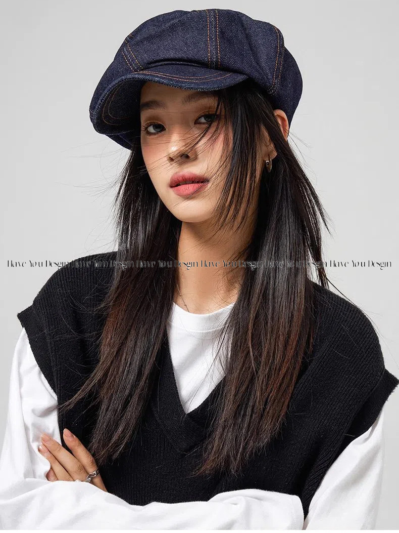 Have u desgin Cowboy Beret Nữ Mặt Mũ Nhỏ 2024 Xuân Hè Nguyên Chất Cotton Retro Hình Bát Giác Mũ Đầu Lớn Chu Vi Đám Mây Mũ Họa Sĩ Mũ