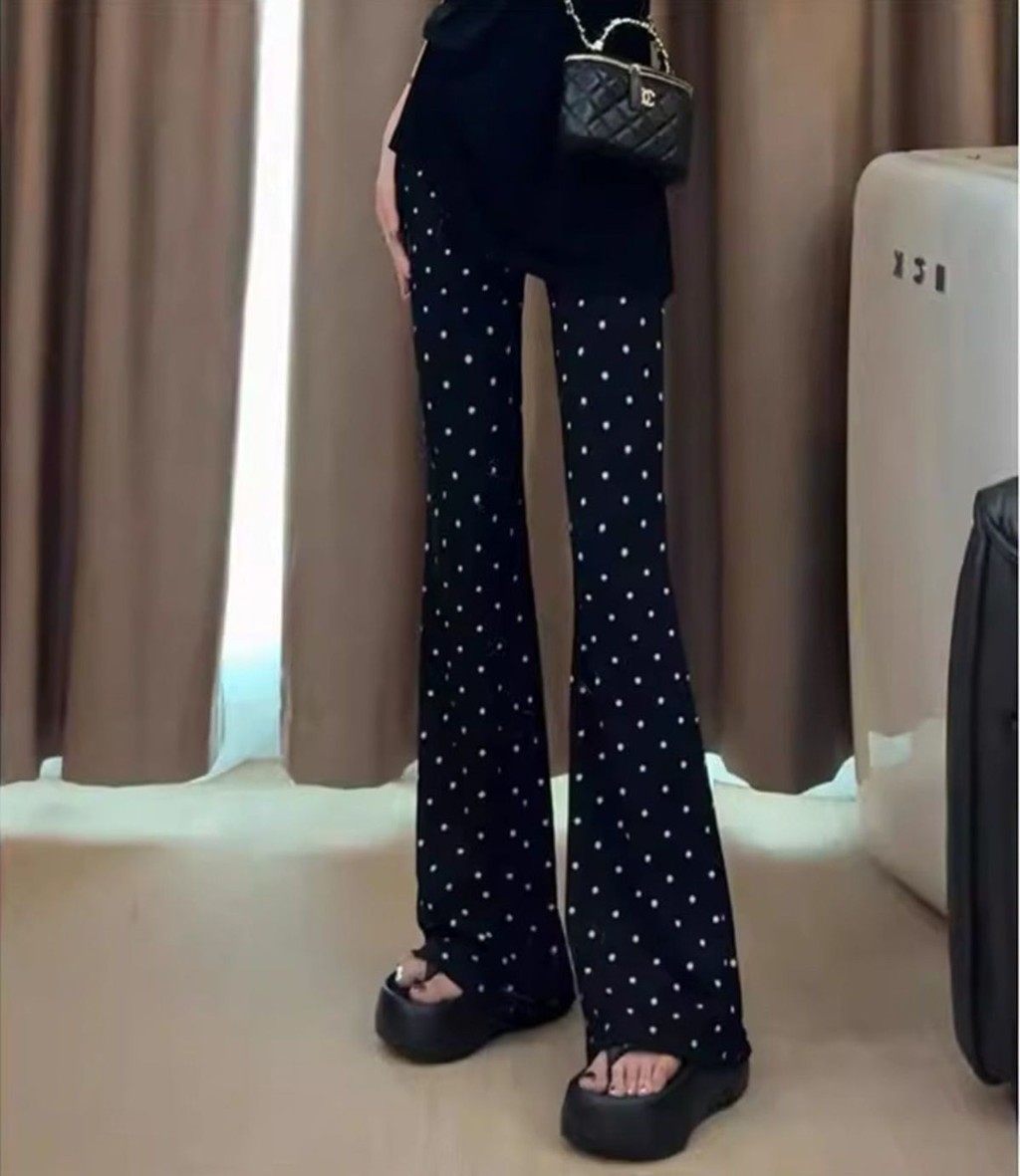 Lan ~ Đen Chấm Bi In Hình Quần Nữ Xuân Hè Mỏng Cao Cấp Co Giãn Mỏng Hơn Nhìn Micro loe Quần Nhỏ