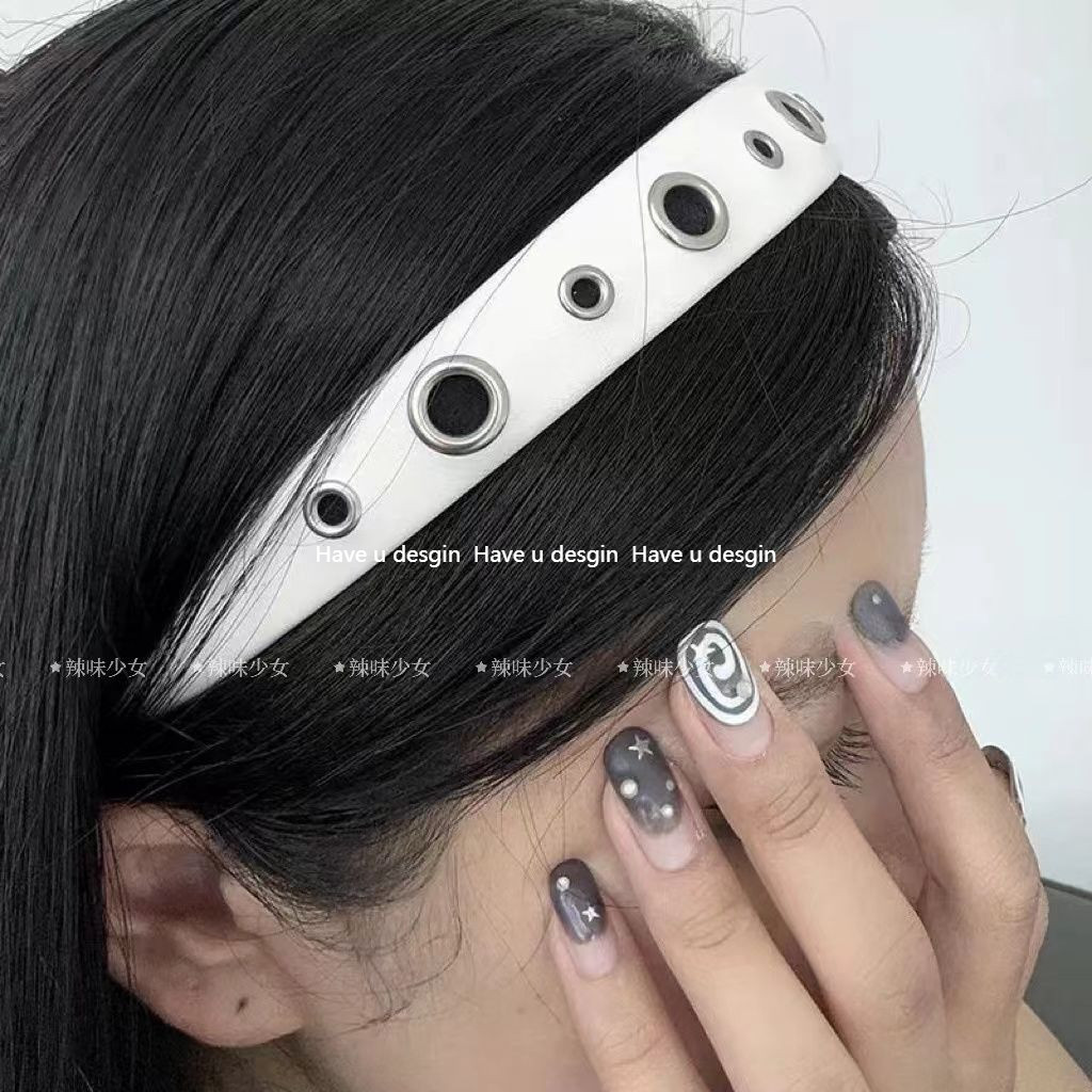 Have u desgin Mùa Hè Kim Loại Đinh Tán Độc Đáo Punk Băng Đô Mặt Trơn Ra Phố Đen Phù Hợp Với Niche Headband Phụ Kiện Tóc