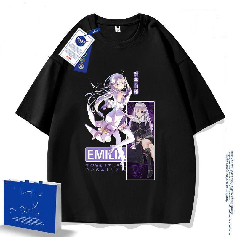 Áo thun phong cách mới Tay ngắn Re: Zero Emilia Anime Cotton nguyên chất Phong cách mới Áo thun ngắn tay Cuộc sống ở một thế giới khác Từ Zero