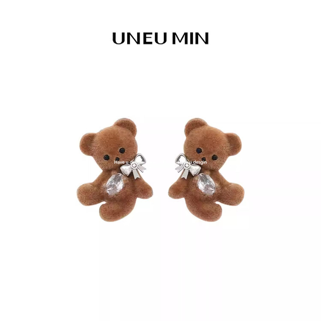 Have u desgin Flocking Bear Bow Original Bông tai dễ thương Bông tai Zircon tinh tế