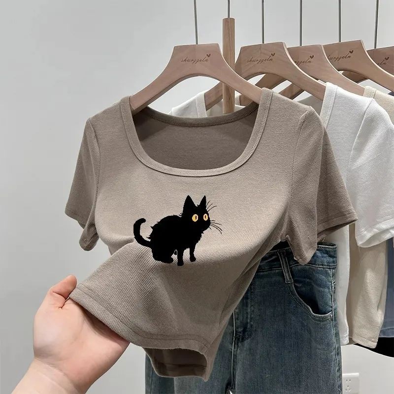 Lan ~ Phong Cách Pháp Vuông Vai Cổ Vuông Xương Đòn Áo Thun Nữ Thiết Kế Mùa Hè Slim-fit Tinh Khiết Desire Phong Cách ins Eo Ngắn Phong Cách Hot Girl Top