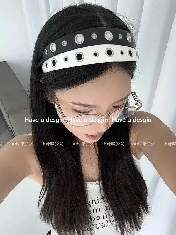 Have u desgin Mùa Hè Kim Loại Đinh Tán Độc Đáo Punk Băng Đô Mặt Trơn Ra Phố Đen Phù Hợp Với Niche Headband Phụ Kiện Tóc