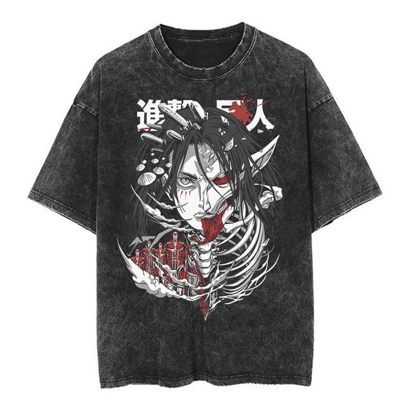 Phong Cách Mới Áo Thun Tay Ngắn Tấn Công Titan Levi Eren Phong Cách Mới Nhật Bản Tấn Công Titan Hoạt Hình Anime oversize High Street vintage Washed Đau Khổ Áo Thun Ngắn Tay Mikasa Armin Arlert