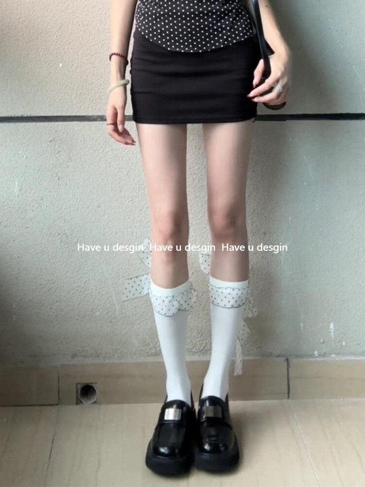 Have u desgin Sữa Trắng Chấm Bi Ruy Băng Bê Tất Mỏng Phong Cách Playful Ngọt Ngào Nữ Tính Nhung Nơ Streamer Vớ