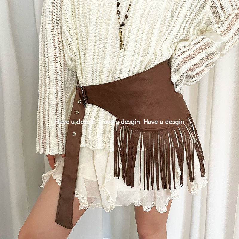 Have u desgin Da Cừu Viền Denim Cover Váy Thắt Lưng Nữ