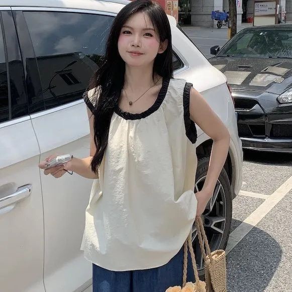 Lanlanlan ~ Màu tương phản Áo Sơ Mi Rời Áo Sơ Mi Nữ Mùa Hè Phong Cách Mới Phiên Bản Hàn Quốc Thời Trang Mỏng Hơn Nhìn Tất Cả Trận Đấu Thiết Kế Cảm Giác Sang Trọng Áo Không Tay