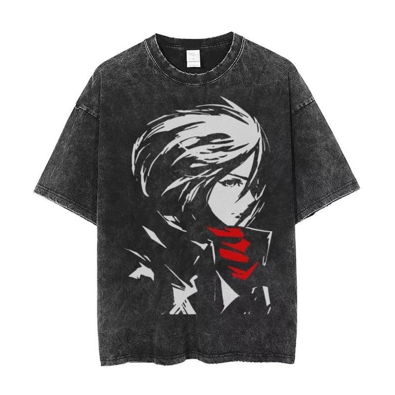 Phong Cách Mới Áo Thun Tay Ngắn Tấn Công Titan Levi Eren Retro Rửa Đau Khổ In Hình Áo Thun Ngắn Tay Top Street Unisex Tấn Công Titan Mikasa Armin Arlert