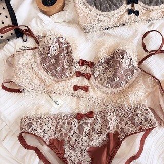 [Bộ áo ngực + quần lót] Áo ngực ren gợi cảm thoải mái mềm mại không có miếng bọt biển Quần lót dây nữ 3 / 4 cốc mỏng Đồ lót vòng thép thông gió cho bé gái trẻ
