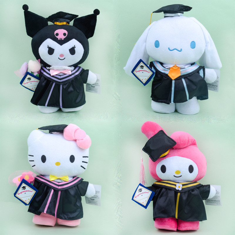 Đồ chơi sang trọng tốt nghiệp thú vị có mũ Hello Kitty siêu mềm ngắn sang trọng 25cm Chủ đề Sanrio Đáng yêu