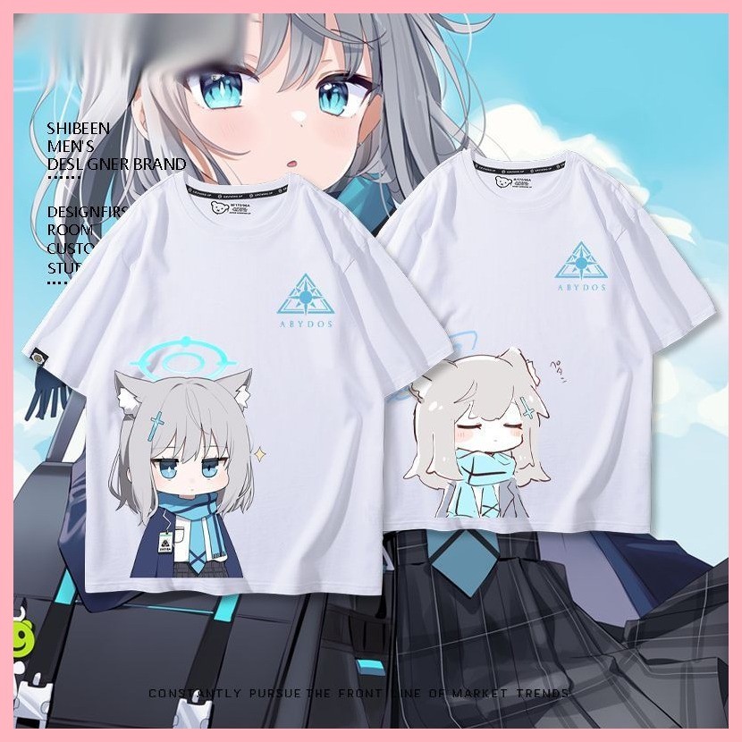 Áo thun ngắn tay màu xanh lưu trữ Sunaokami Shiroko Blue Archive Game Hàng hóa cùng phong cách Tay ngắn màu xanh trắng hai chiều mùa hè nam nữ sinh viên