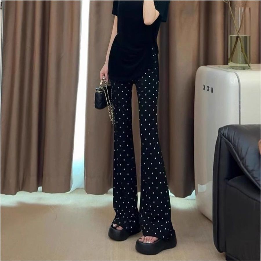 Lan ~ Đen Chấm Bi In Hình Quần Nữ Xuân Hè Mỏng Cao Cấp Co Giãn Mỏng Hơn Nhìn Micro loe Quần Nhỏ