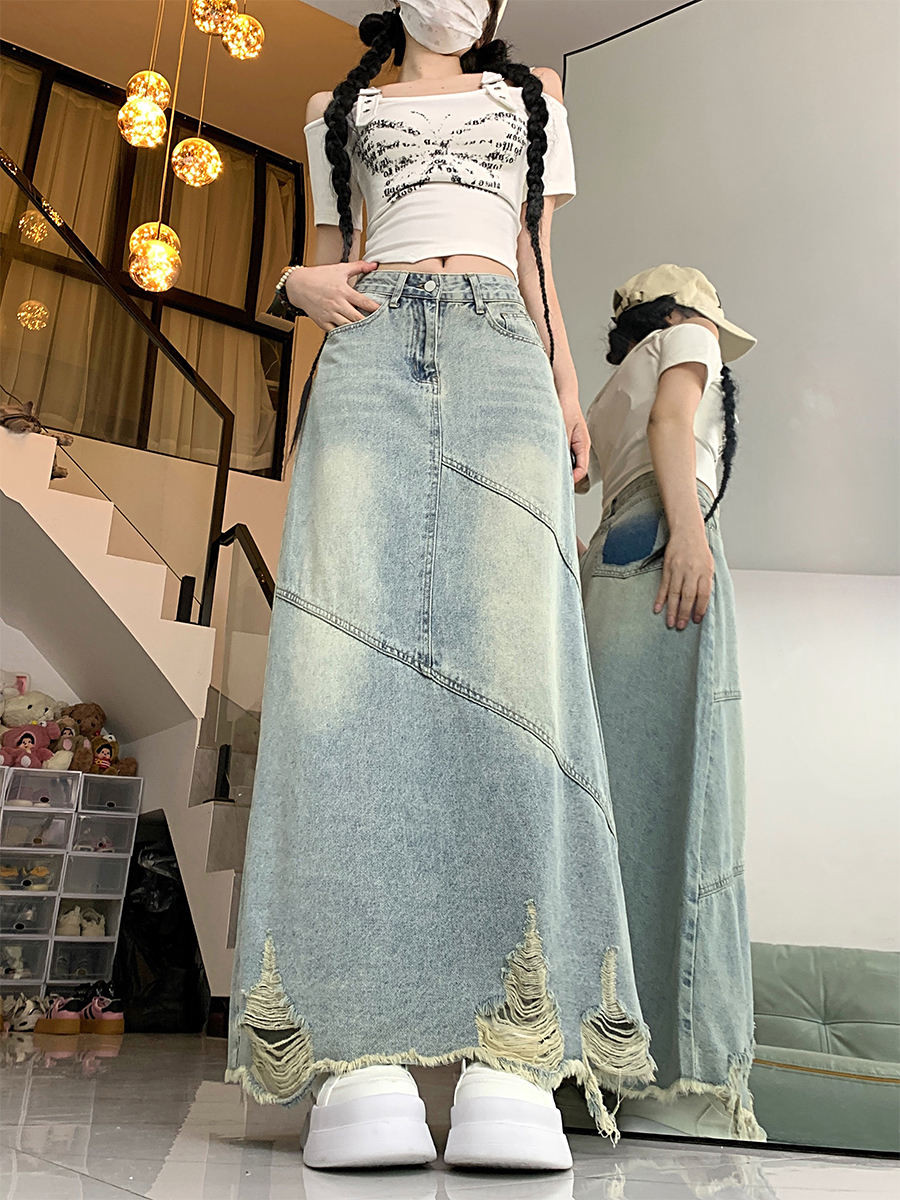 ♞Kích Thước Lớn Retro Rách Váy Denim Nữ Xuân Hè Cao Cấp Rời Ôm Hơn Nhìn ...