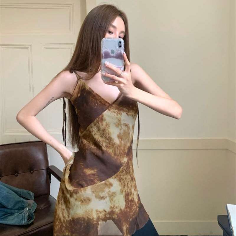 Lan ~ Mùa Xuân Mùa Hè Đầm Nữ Phong Cách Mới Trà Nghỉ Phong Cách Pháp Dây Buộc-Dye Sling Đầm Muối Phong Cách Mặc Ánh Sáng Trưởng Thành Gợi Cảm Hoàng Gia Đầm Em Gái