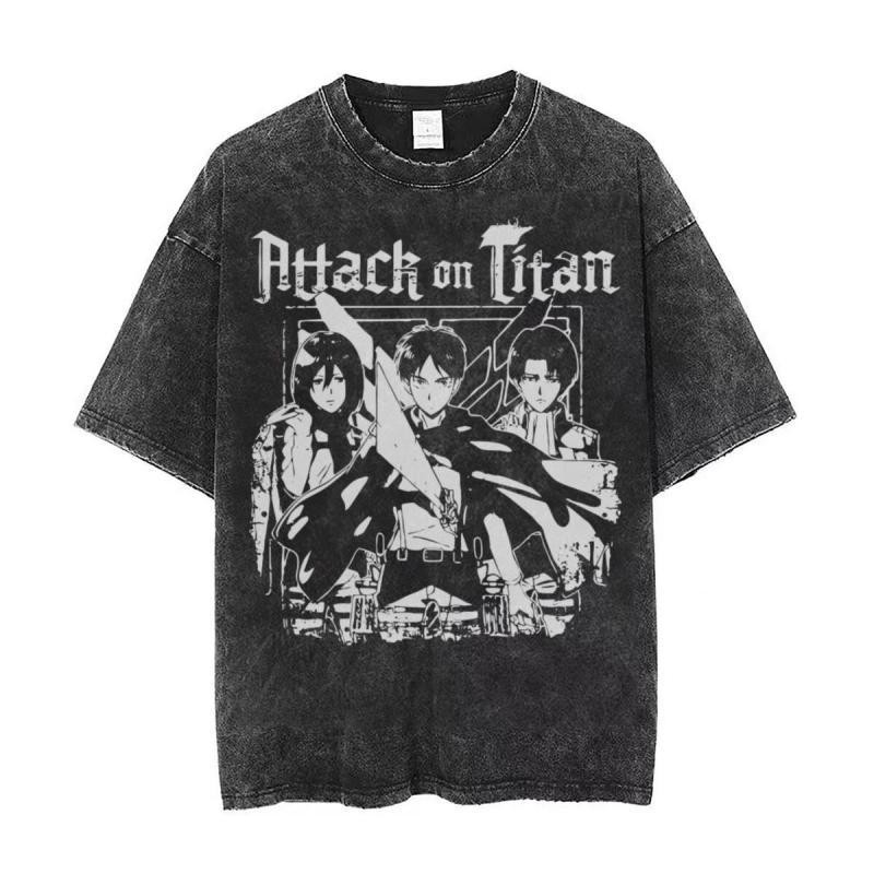 Phong Cách Mới Áo Thun Tay Ngắn Tấn Công Titan Levi Eren Retro Rửa Đau Khổ In Hình Áo Thun Ngắn Tay Top Street Unisex Tấn Công Titan Mikasa Armin Arlert