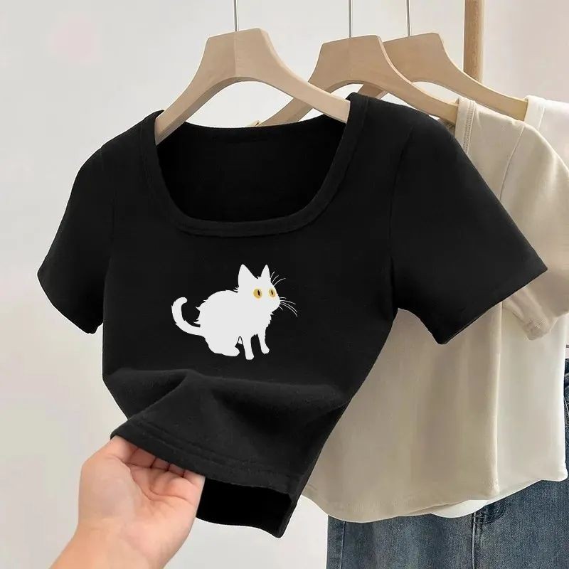 Lan ~ Phong Cách Pháp Vuông Vai Cổ Vuông Xương Đòn Áo Thun Nữ Thiết Kế Mùa Hè Slim-fit Tinh Khiết Desire Phong Cách ins Eo Ngắn Phong Cách Hot Girl Top