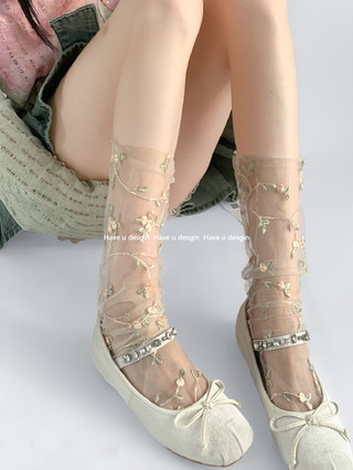 Have u desgin Gothic Tất Nữ Ren Giữa Ống Mỏng jk Bê Tất Xuân Thu Rỗng Fishnet Tất