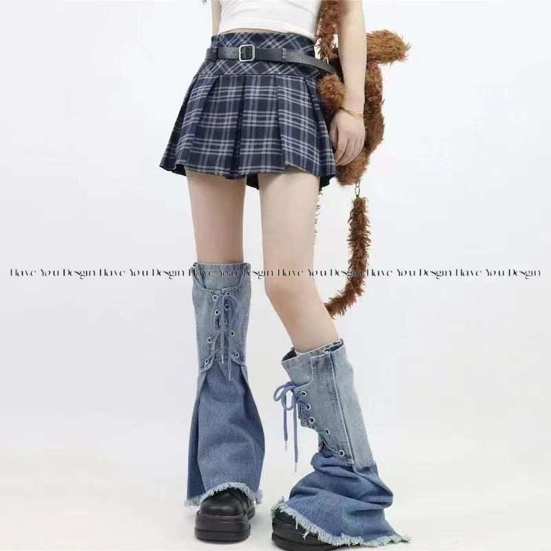 Millennium Hot Girl Màu Gradient Denim Chân Bao Mỏng Hơn Nhìn Cao Cấp Thiết Kế Cảm Giác Ren Tua Rua Giữa Ống Cọc Giày Tất Phù Hợp Với