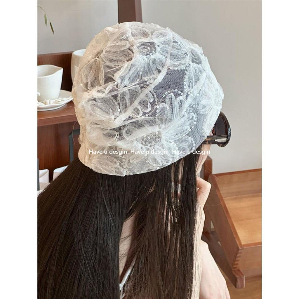 Có bạn desgin
 Pháp Mỏng Ren Đính Kim Sa Lấp Lánh Hoa Chui Đầu Nữ Retro Nhật Bản Mùa Hè Khăn Trùm Đầu Mũ Sang Trọng Gạc Top Mũ Hợp Thời Trang