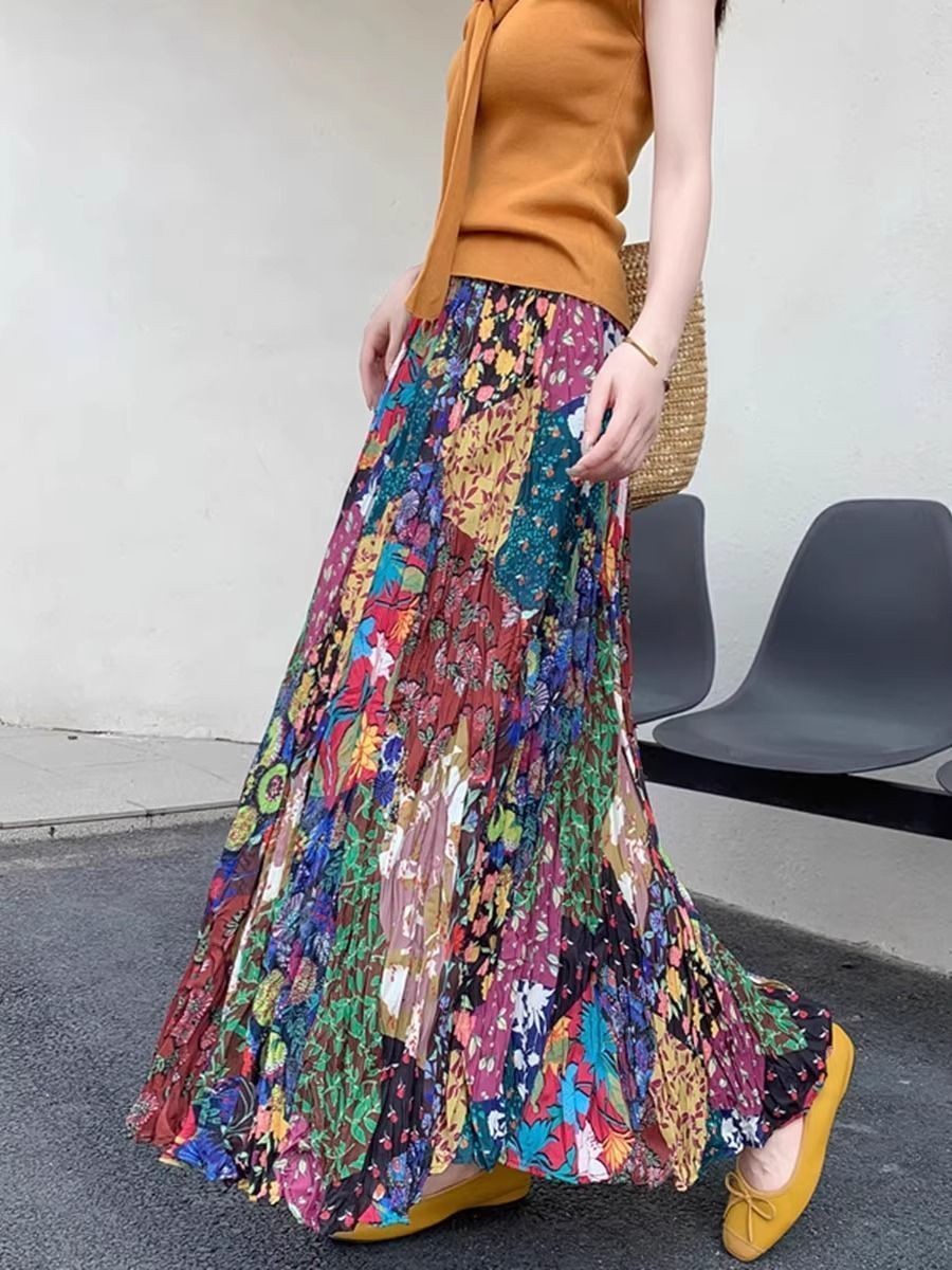 Váy nửa chiều dài bohemian cao cấp cho mùa hè với thiết kế in hình màu sắc tuyệt đẹp, phù hợp du lịch và nghỉ dưỡng.