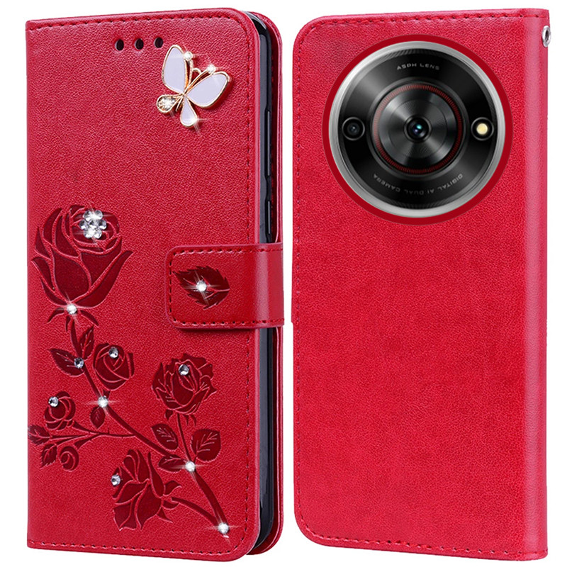 Kim Cương Dập Nổi In Hoa Hồng Ốp Lưng Điện Thoại ZTE Blade A75 5G Sách Da Full Silicone Cover