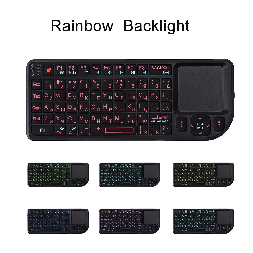 Bàn Phím Không Dây Mini 2.4G RF Tây Ban Nha Pháp Nga Bàn Phím Tiếng Anh Đèn Nền Chuột Bàn Di chuột Cho PC Notebook Hộp Tivi Thông Minh