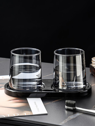 Shop B & B Bộ cốc nước súc miệng màu đen có khay lưu trữ Cặp đôi Rửa bàn chải đánh răng Cốc bàn chải đánh răng thủy tinh gia dụng Cốc bàn chải đánh răng