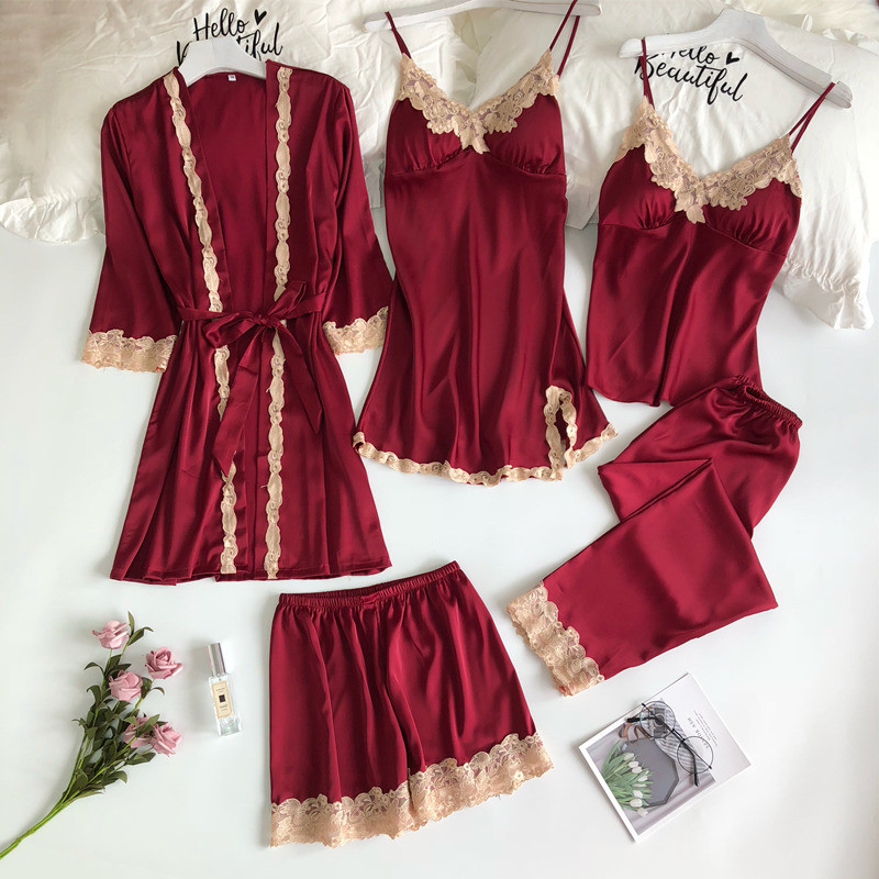 Bộ đồ ngủ sang trọng bằng lụa có đệm tích hợp cổ chữ V Trang phục gia đình năm mảnh sang trọng ở nhiều phụ nữ cho màu sắc