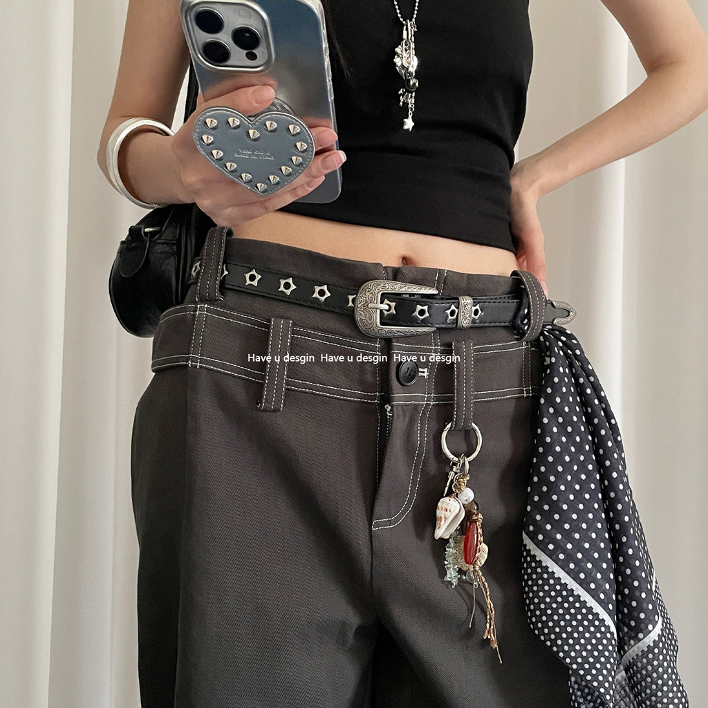Thắt lưng nữ retro khắc không đục lỗ, thiết kế Y2K phù hợp với quần jean và váy